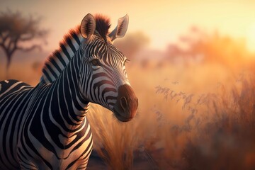 Zebra in savanna at sunset. Generative AI.