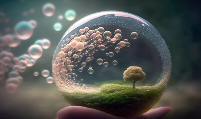 Environment concept with sphere. Environment enclosed in bubbles. It is meant to depict the vulnerability of nature. Protect and take care of your environment. AI generated illustration.