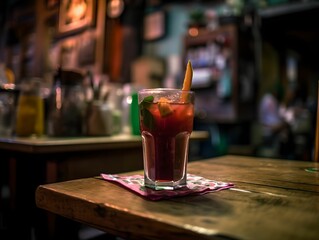 cocktail on a rustic wooden table in a bustling bar. The drink is an artful blend of colors and flavors, garnished with fresh fruit and herbs inside glass.