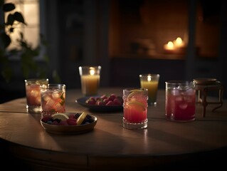 cocktail on a rustic wooden table in a bustling bar. The drink is an artful blend of colors and flavors, garnished with fresh fruit and herbs inside glass.