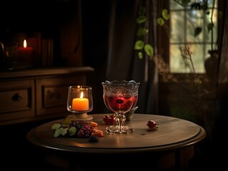 Naklejka premium cocktail on a rustic wooden table in a bustling bar. The drink is an artful blend of colors and flavors, garnished with fresh fruit and herbs inside glass.