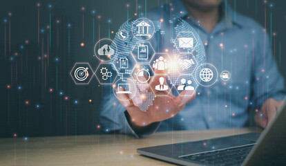 business people mock hand touch concept of global network technology Management of communications, relationships, exchange of transactional information. Customer service through media networks online 