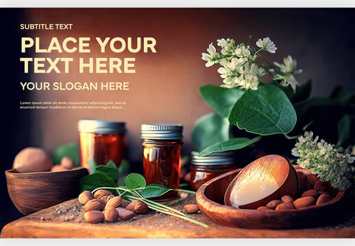 Jars of Honey Template Next to a Bowl with Bread and Almond on the Wood Surface Generative AI
