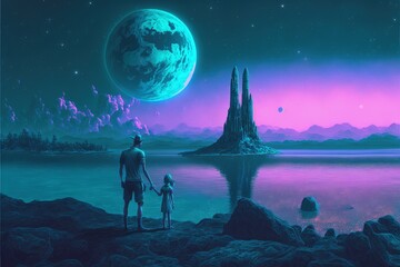 Under the cover of night, a man and his daughter gaze upon enigmatic castles silhouetted against a radiant planet. Fantasy concept , Illustration painting. Generative AI