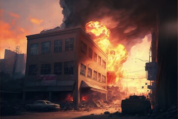 The illustration portrays a catastrophic explosion that causes the fragmentation of multiple buildings. Fantasy concept , Illustration painting. Generative AI
