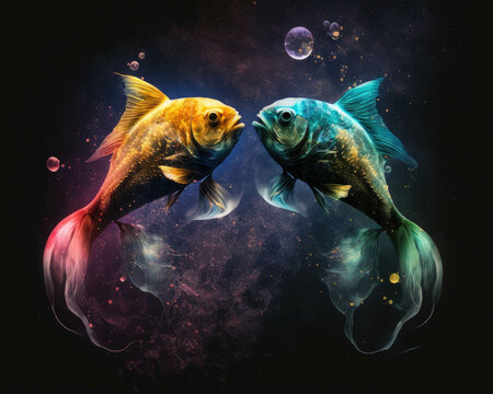 Two faithful fish floating in a galaxy of transforming colors illuminated by a waxing moon. Zodiac Astrology concept. AI generation.