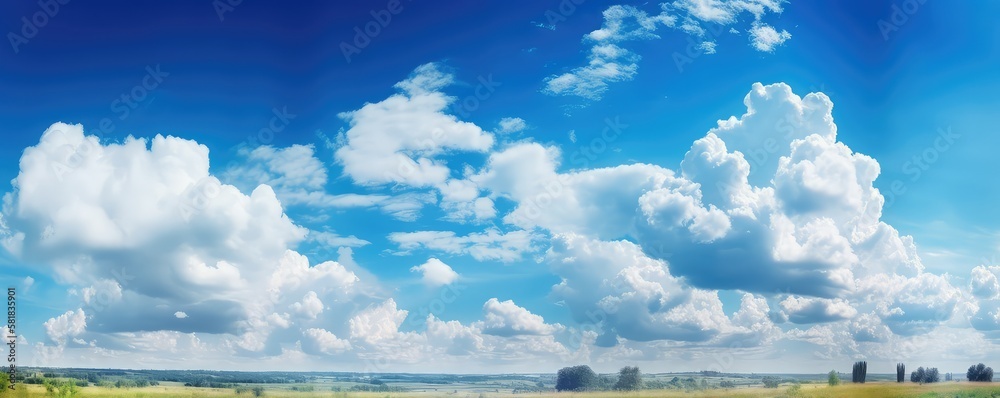 Poster blue sky background with tiny clouds. Panorama view. Generative AI
