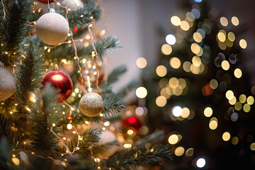 Fototapeta na wymiar Christmas Tree With Baubles And Blurred Shiny Light. - Warm, cozy, magical, enchanting, sparkling, twinkling, shimmering, luminous, ornaments, decorations, wreaths, 
