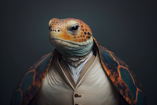 The turtle in a business suit: slow and steady wins the race, creative stock image of animals in business suit. Generative AI