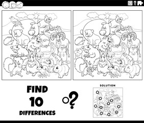 differences game with animal characters coloring page