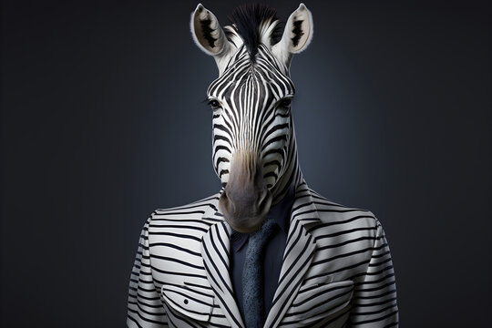 The zebra in a business suit - ready to tackle the corporate world, creative stock image of animals in business suit. Generative AI