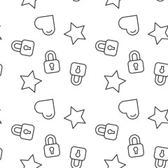 Monochrome vector seamless pattern of lock, star, heart for web sites and polygraphy