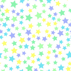 Seamless repeating pattern of blue, pink, yellow, green stars for fabric, textile, papers and other various surfaces