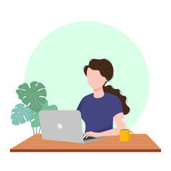 Vector illustration of a girl working on a computer from home or office. Freelancer or student concept. Beautiful vector illustration in cartoon style. Isolated on a white background.