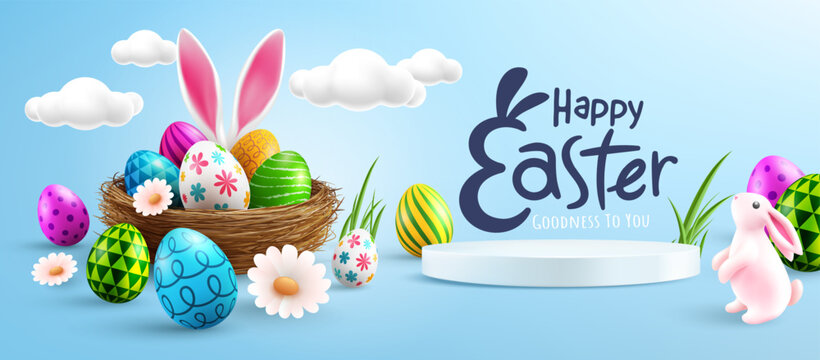 Easter poster or banner template with Cute Bunny,Easter eggs in the nest and white podium on blue background.Greetings and presents for Easter Day.Promotion and shopping template for Easter