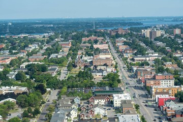 Aerial view of the city of Buffalo, New York against a blue sea on a sunny day