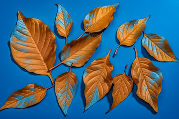 Dry orange metallic leaves on blue background

