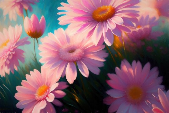 A painting of pink daisies