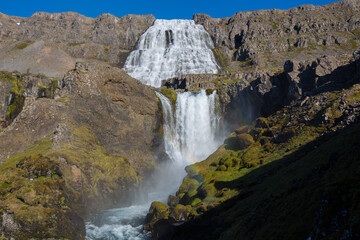 Dynjandi waterfall with rainbow  in Iceland, Western fjords, unbelievable waterfall, love travel 