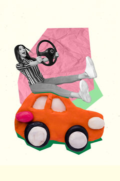 Collage 3d pinup pop retro sketch image of carefree impressed lady rising small clay car isolated painting background