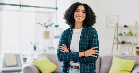 Face of proud woman in work from home opportunity, creative freelancer career and happy job mindset. Portrait of young biracial person or remote worker smile in her apartment or trendy living room