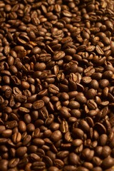 Closeup vertical shot of freshly-roasted coffee beans