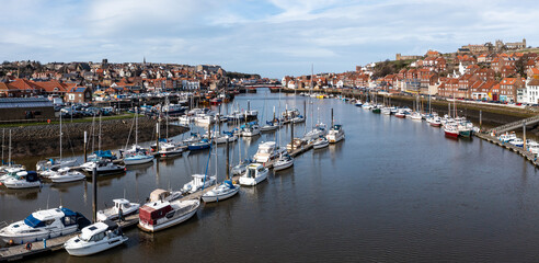 Aerial view of the Marina at the Yorkshire coastal town of Whitby