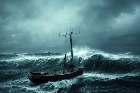 Fishing Boat In Storm With Big Waves. Generative Ai