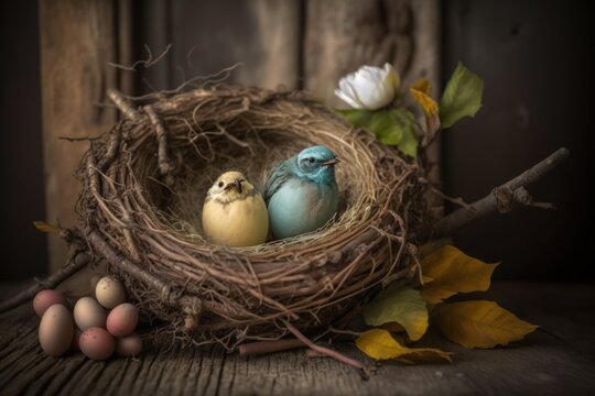 Easter nest with Easter eggs on wood background as digital illustration (Generative AI)