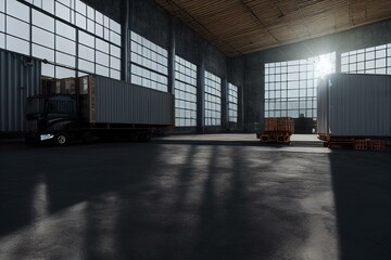 Obraz na płótnie Canvas Warehouse of sea containers and a truck with cargo png isolated with shadows. Generative AI