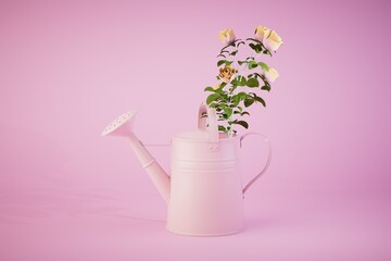 beautiful bouquet of bright wildflowers in watering can, isolated on a pastel background. 3d render