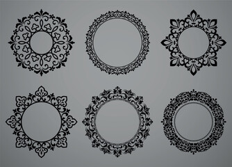 Set of decorative frames Elegant vector element for design in Eastern style, place for text. Floral black and gray borders. Lace illustration for invitations and greeting cards