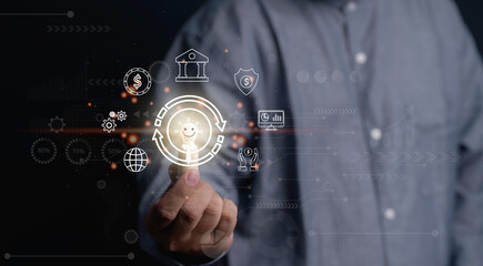 Businessman holding word banking in hand with icon network connection on virtual screen Financial Bank Business Concept. icon on virtual screen. Man hand using online banking and icon screen.