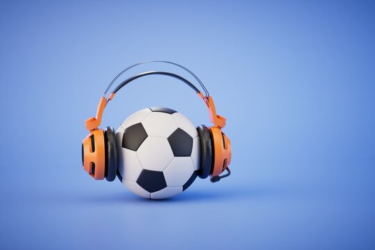 football match commentator. A soccer ball with headphones on a blue background. 3D render