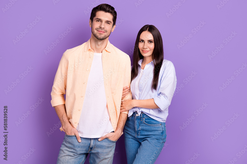 Sticker photo of confident serious business people partners wife hug her husband hand support his office com