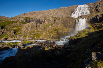 Dynjandi waterfall with rainbow  in Iceland, Western fjords, unbelievable waterfall, love travel 