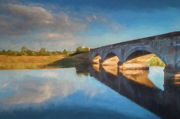 Fototapeta na wymiar Digital painting of a 19th century toll bridge across the River Trent at Willington, Derbyshire.