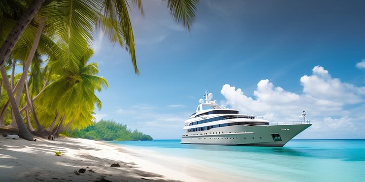 yacht de luxe qui accoste sur une plage paradisiaque avec eaux turquoises et palmiers - generative ai
