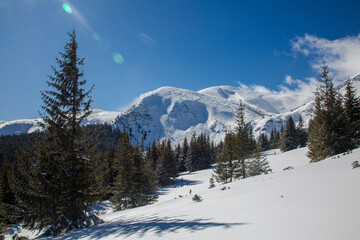 A view of the snowy rocky mountain Breskul in the Carpathians mountains