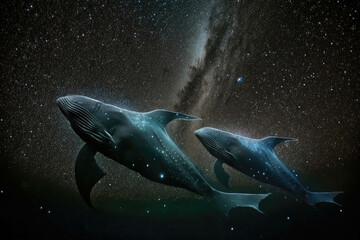 Fototapeta premium Two swishing fins leading the way through a starstudded night sky. Zodiac Astrology concept. AI generation.
