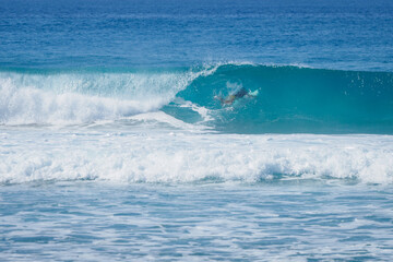 Naklejka premium Male surfer dives under big wave with his surfboard. Shot from coast.