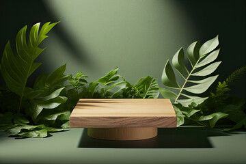 Wooden podium display with leaf shadow composition for product presentation