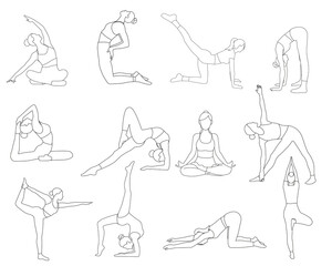 12 girls doing yoga fitness sport set in out line art in different poses on white background