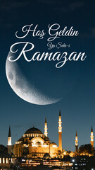 Hos Geldin Ya Sehri Ramazan. Suleymaniye Mosque and crescent moon vertical photo