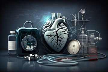 A medical background with a white heart and other medical equipment. Created with Generative AI.