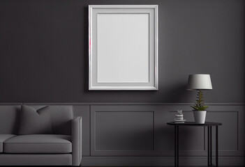 Modern living room with empty canvas or wall decor frame in center. Product presentation advertisement background, image and photograph art display, mock up editor.