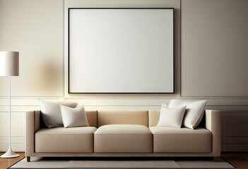 Fototapeta na wymiar Modern living minimal room with empty canvas or wall decor frame in center above sofa. Product presentation advertisement background, image and photograph art display, mock up editor.