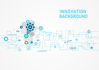 Obraz premium abstract Minimal Innovation Technology Background The light bulb has a cog inside. Blue lines with dots and elements, gray background.
