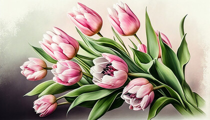 Watercolor Illustration of Pink Tulips, Generative AI