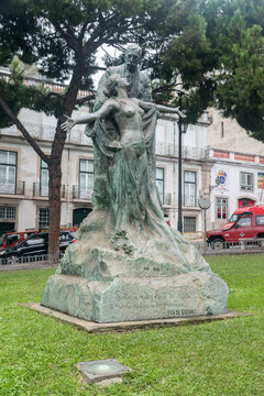 Lisbon, Portugal - December 4, 2022: Statue of Eca de Queiros (Estatua A Verdade de Eca de Queiros).
